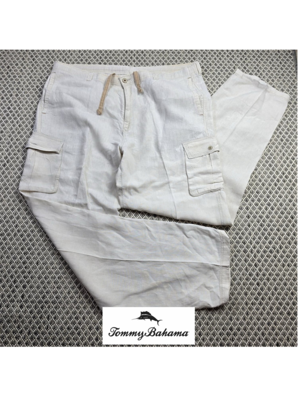 Tommy Bahama Linen Cargo Pants Mens Beige Relaxed Drawstring Casual Size L